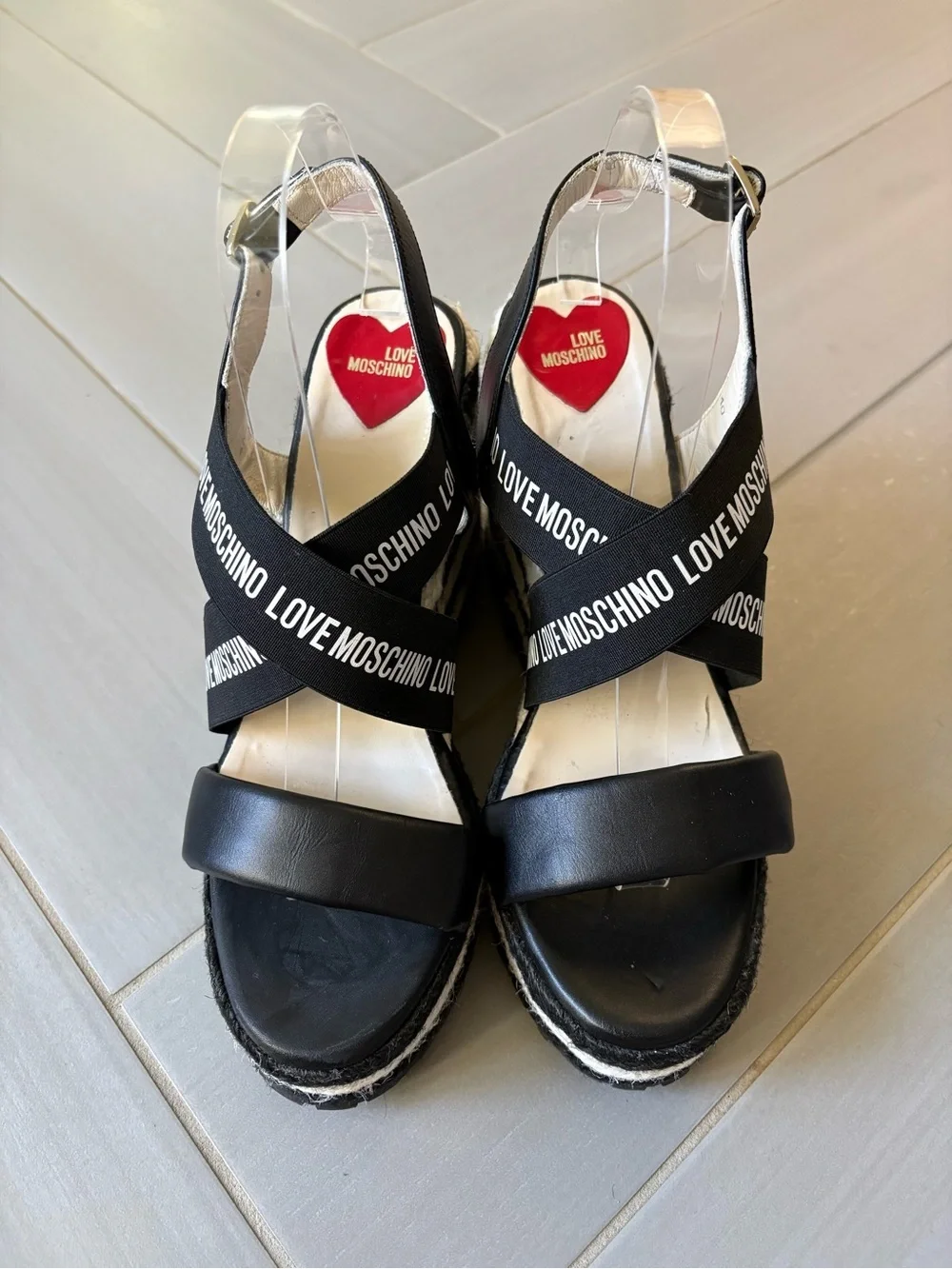 Love Moschino Black and White Logo Wedge Sandals